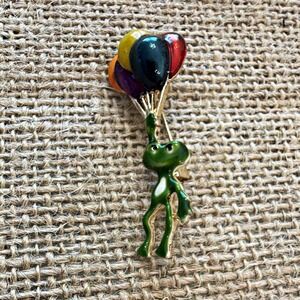 Gold Tone Enamel Frog Holding Balloons Brooch Pin Multicolor Animal Theme